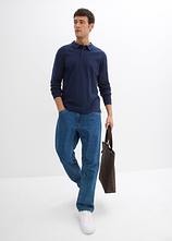 Langarm-Poloshirt aus schwerer Bio-Baumwolle in blau im Look von vorne (Totalaufnahme) - bonprix