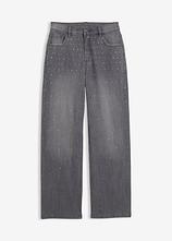 Optional[Wide-Leg-Jeans mit Strasssteinen Mid Waist in grau von vorne - bonprix]