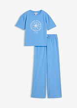 T-Shirt und Jerseyhose (2-tlg.Set) aus elastischem Baumwoll-Mix in blau von vorne - bonprix