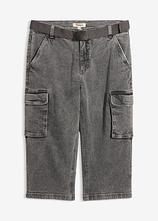 3/4-Cargo-Stretch-Jeans mit Gürtel, Relaxed Fit in grau von vorne - bonprix