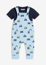 Set aus Shirt und Sweat-Latzhose aus reiner Bio-Baumwolle (2-tlg.Set) in blau von vorne - bonprix