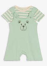 T-Shirt und Latzshorts aus reiner Bio-Baumwolle (2-tlg. Set) in grün von vorne - bonprix