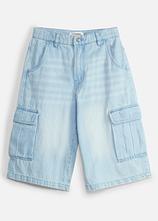 Long-Cargo-Jeansbermuda mit verstellbarem Bund, Baggy Fit in blau von vorne - bonprix