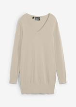 Feinstrick Longpullover mit V-Ausschnitt in beige von vorne - bonprix