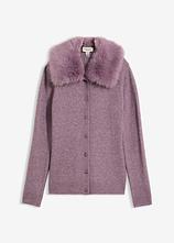 Taillierte Strickjacke mit Kunstfellkragen in lila von vorne - bonprix