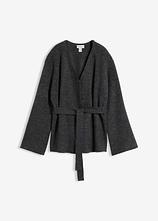 Strickjacke mit Bindegürtel in grau von vorne - bonprix
