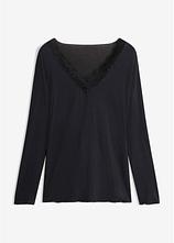 Ultralight Langarmshirt mit V-Ausschnitt und Spitze aus Kaschmir-Mix in schwarz von vorne - bonprix