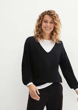 Damen Langarmshirt Waffelstrick - Oversize Henley Shirt Mit V-Ausschnitt