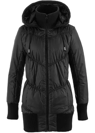 Steppjacke mit breitem Komfortbund und Kapuze in schwarz von vorne - bonprix