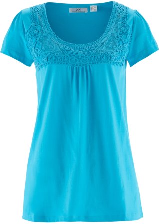 Baumwoll Shirt mit Spitze, Kurzarm in blau von vorne - bpc bonprix collection