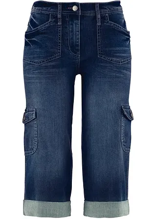 Cargo Jeans, Mid Waist, Stretch in blau von vorne - bonprix