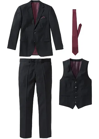 Anzug (4-tlg. Set): Sakko, Hose, Weste, Krawatte in schwarz von vorne - bonprix