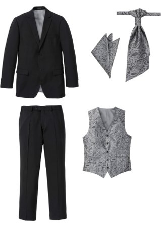 Anzug (5-tlg. Set): Sakko, Hose, Weste, Plastron, Einstecktu in schwarz von vorne - bpc selection