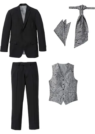 Anzug (5-tlg. Set): Sakko, Hose, Weste, Plastron, Einstecktuch in schwarz von vorne - bonprix