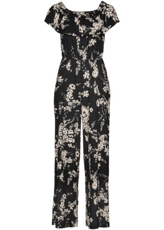 Jersey-Jumpsuit mit Blumen-Print in schwarz von vorne - bpc selection premium
