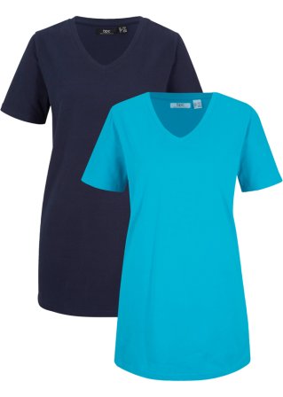Basic Long-Shirt mit V-Ausschnitt und Kurzarm, 2er Pack in blau von vorne - bpc bonprix collection