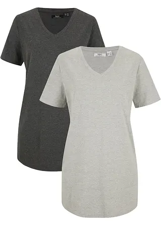 Basic Long-Shirt mit V-Ausschnitt und Kurzarm, 2er Pack in grau von vorne - bonprix