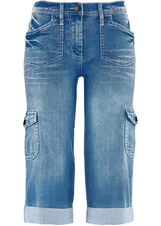 Cargo Jeans, Mid Waist, Stretch in blau von vorne - bonprix
