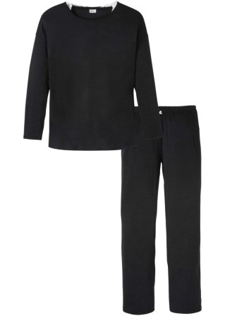 Pyjama mit Schlaghose mit LENZING™ECOVERO™ in schwarz von vorne - bpc bonprix collection