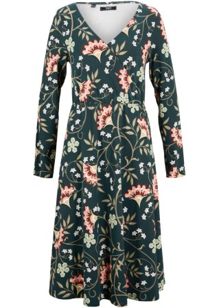 Baumwoll-Midi-Jerseykleid in Wickeloptik in grün von vorne - bpc bonprix collection