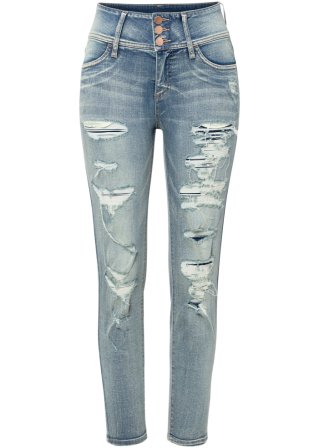 Highwaist Skinny-Jeans mit Destroy-Effekten in blau von vorne - RAINBOW