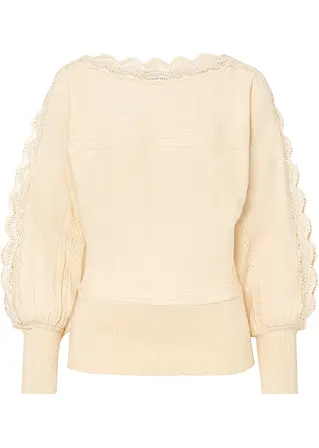 Pullover mit Spitze in beige von vorne - BODYFLIRT