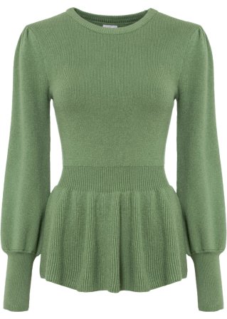 Pullover mit Volant in grün von vorne - BODYFLIRT