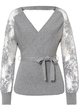 Pullover mit Spitze in grau von vorne - bonprix