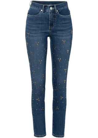 Stretch-Jeans mit Nietenapplikation in blau von vorne - BODYFLIRT