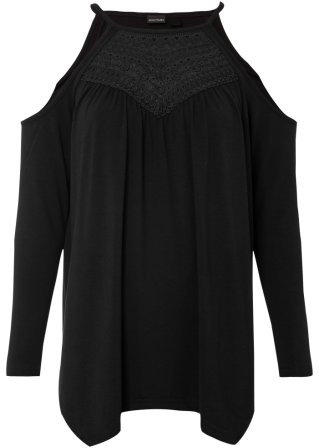 Off-Shoulder Shirt mit Häckeldetail in schwarz von vorne - BODYFLIRT