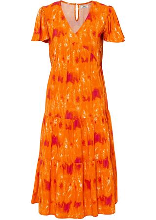 Knieumspielendes Jerseykleid mit Flügelärmeln, Volants und Taschen in pink von vorne - bpc bonprix collection