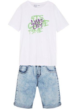 Jungen Jeans Shorts mit T-Shirt (2-tlg.Set)  in weiß von vorne - John Baner JEANSWEAR