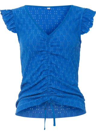 Gerafftes Shirt mit Lochspitze in blau von vorne - RAINBOW