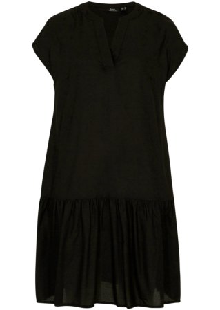 Knieumspielendes Tunika-Web-Kleid mit Volants und Henley-Kragen in schwarz von vorne - bpc bonprix collection