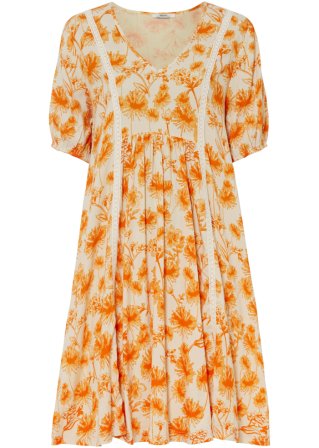 Tunika-Web-Kleid mit Spitzendetails und Ballonärmeln, knieumspielend in orange von vorne - bpc bonprix collection