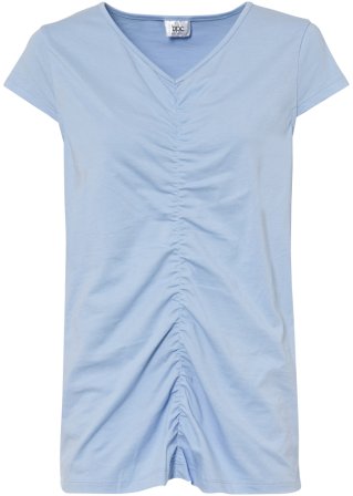Baumwoll-Shirt mit Raffung und V-Ausschnitt in blau von vorne - bpc bonprix collection