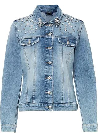 Jeansjacke mit Strass-Applikation in blau von vorne - bonprix