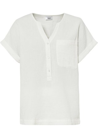 Musselin-Bluse mit Knopfleiste und Tasche in weiß von vorne - bpc bonprix collection