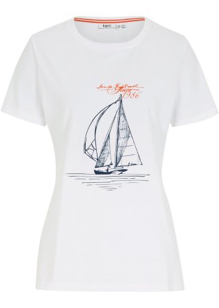 Baumwoll T-Shirt mit Seitenschlitz und Druck in weiß von vorne - bpc bonprix collection