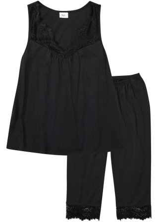 Capri Pyjama mit Spitze in schwarz von vorne - bpc bonprix collection