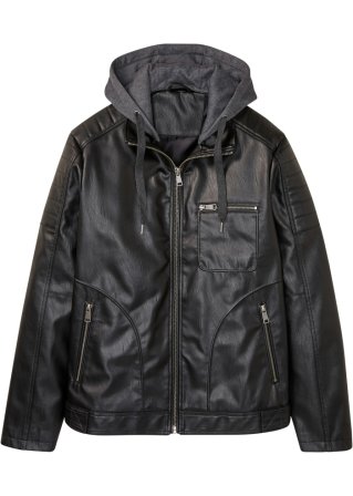 Lederimitat-Jacke mit Kapuze in schwarz von vorne - John Baner JEANSWEAR