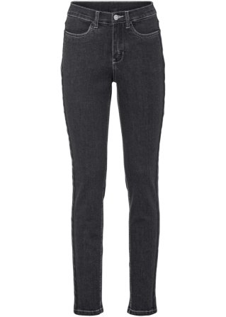 Stretch-Jeans mit Lederimitateinsatz in schwarz von vorne - BODYFLIRT