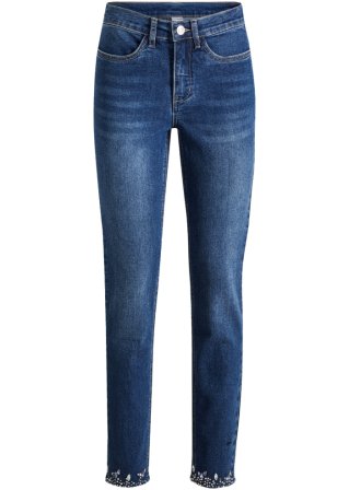 Stretch-Jeans mit Strassstein-Applikation in blau von vorne - BODYFLIRT