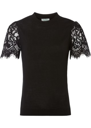 Strickshirt mit Spitzenärmeln  in schwarz von vorne - BODYFLIRT boutique