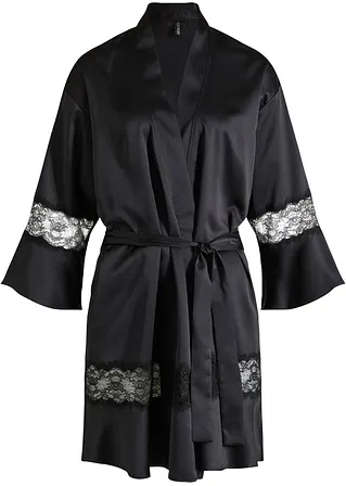 Satin Kimono in schwarz von vorne - BODYFLIRT