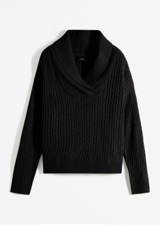 Pullover mit V-Ausschnitt und Seitenschlitzen in schwarz von vorne - bpc bonprix collection