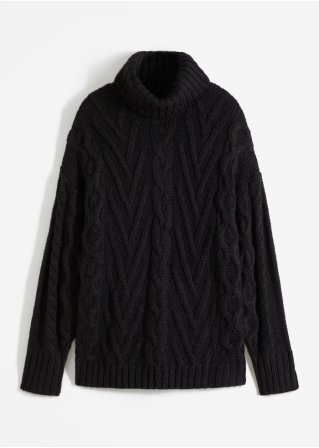 Rollkragen-Pullover mit Zopfmuster in schwarz von vorne - bpc bonprix collection