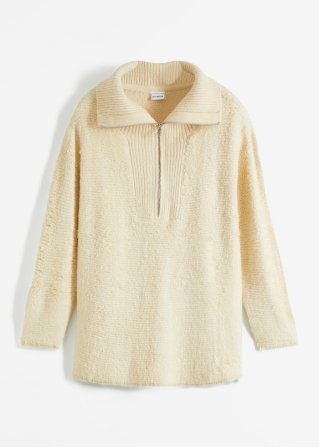 Langer Pullover aus Bouclé in beige von vorne - RAINBOW