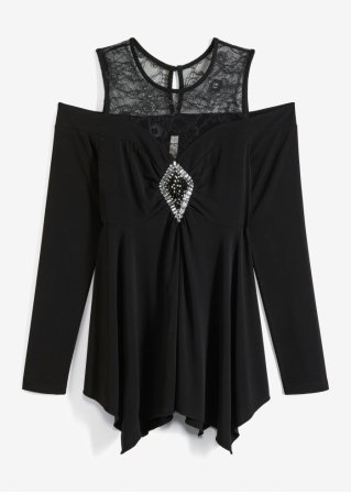 Cold-Shoulder-Shirt mit Spitze in schwarz von vorne - BODYFLIRT boutique
