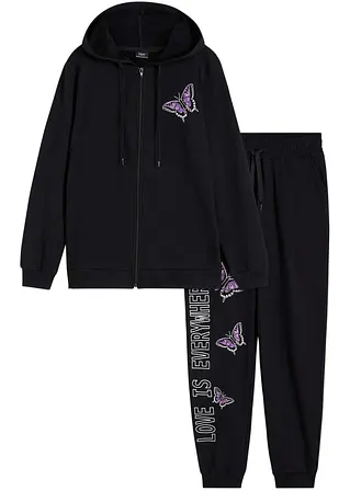 Loungewear Hausanzug aus Sweatware in schwarz von vorne - bonprix